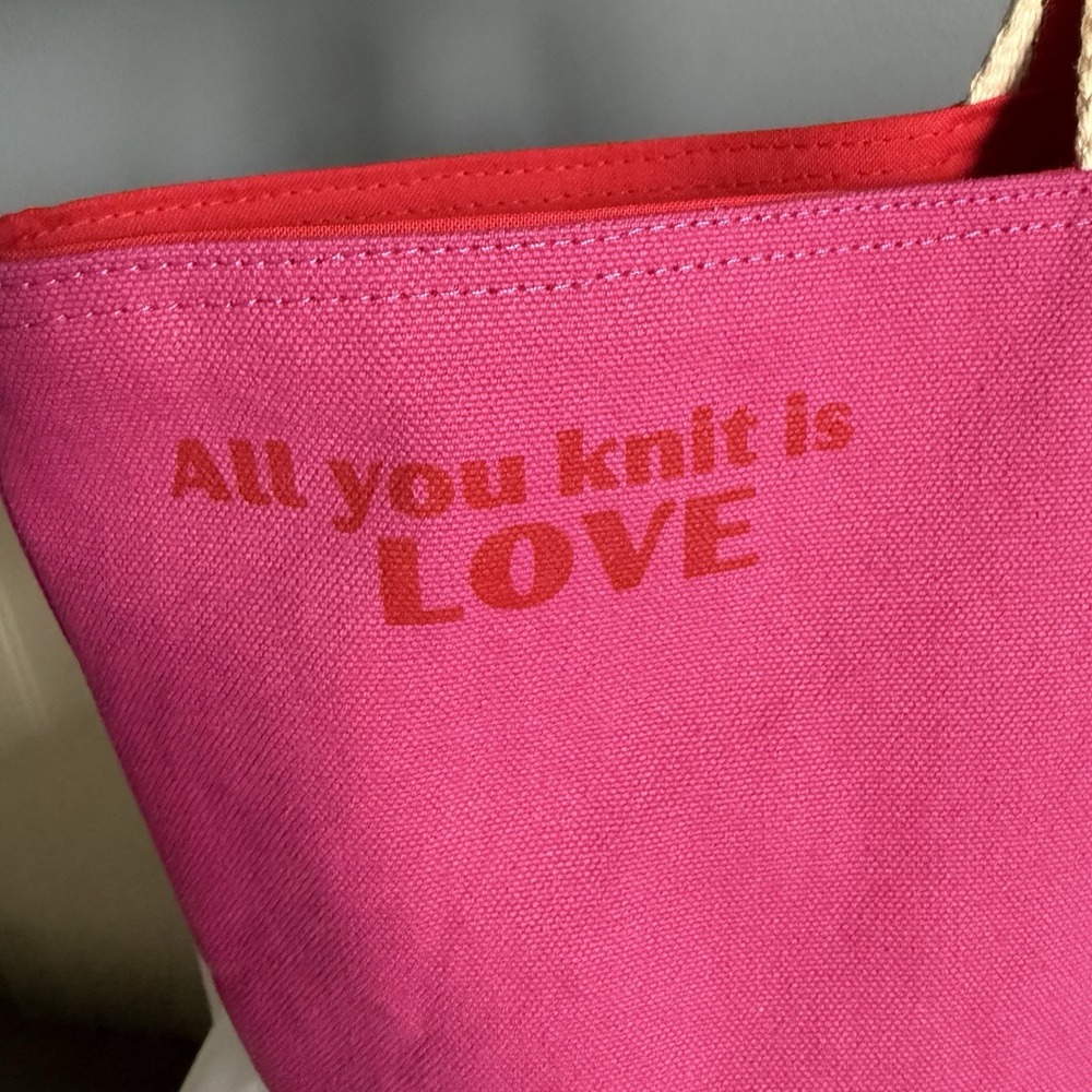 Pink Hazel Heart Pink Tote Bag Hot Pink Red All You Knit Is Love Canvas Cotton - Picture 3 of 15